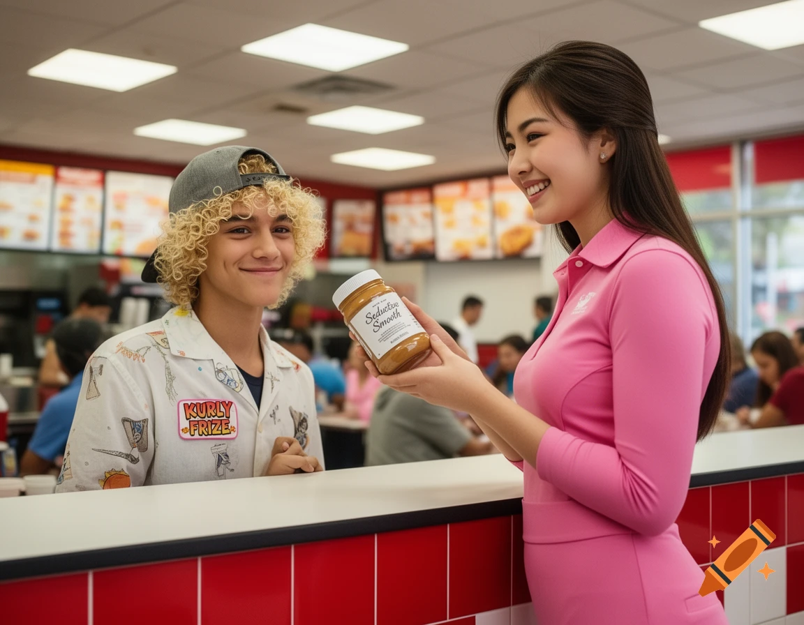 A smiling young woman in a pink uniform presents a jar of peanut butter to a smiling young man in a fast-food restaurant.