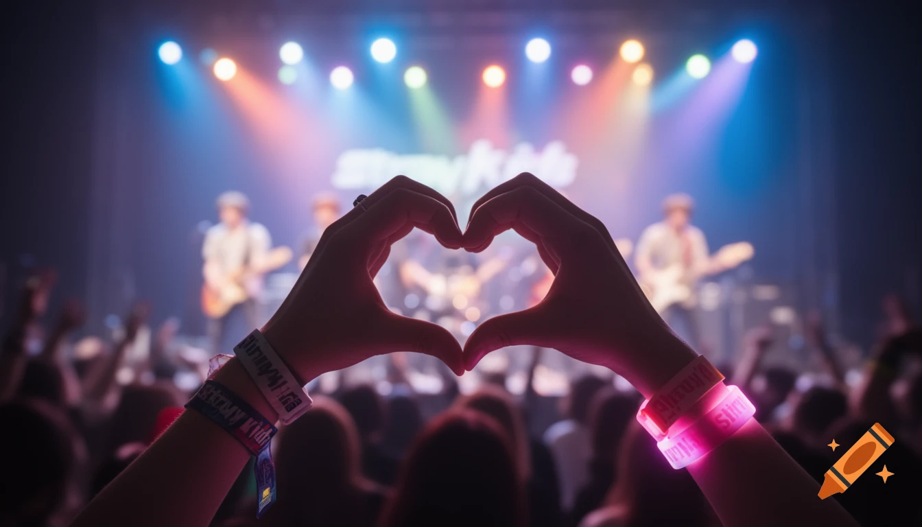 Close-up of hands forming a heart shape, silhouetted against a blurred, brightly lit concert stage with a band performing and a large crowd.