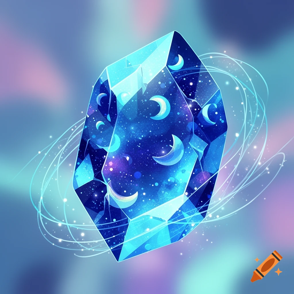 A stylized blue multifaceted crystal filled with a galaxy of stars and crescent moons, surrounded by glowing light trails.