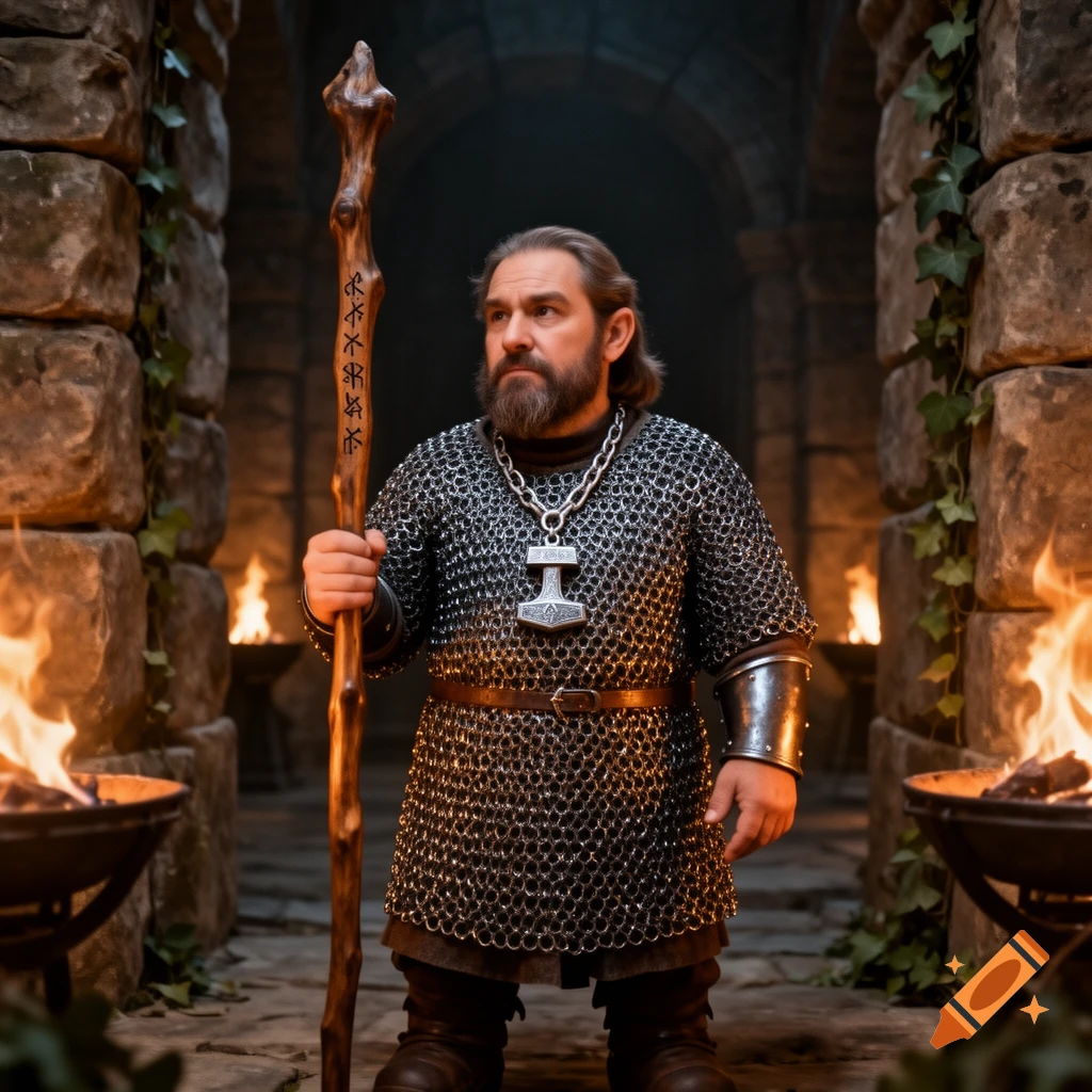 A bearded dwarf cleric in chainmail, wearing a Thor's hammer necklace, stands in a stone corridor with a runic quarterstaff, illuminated by fiery braziers.