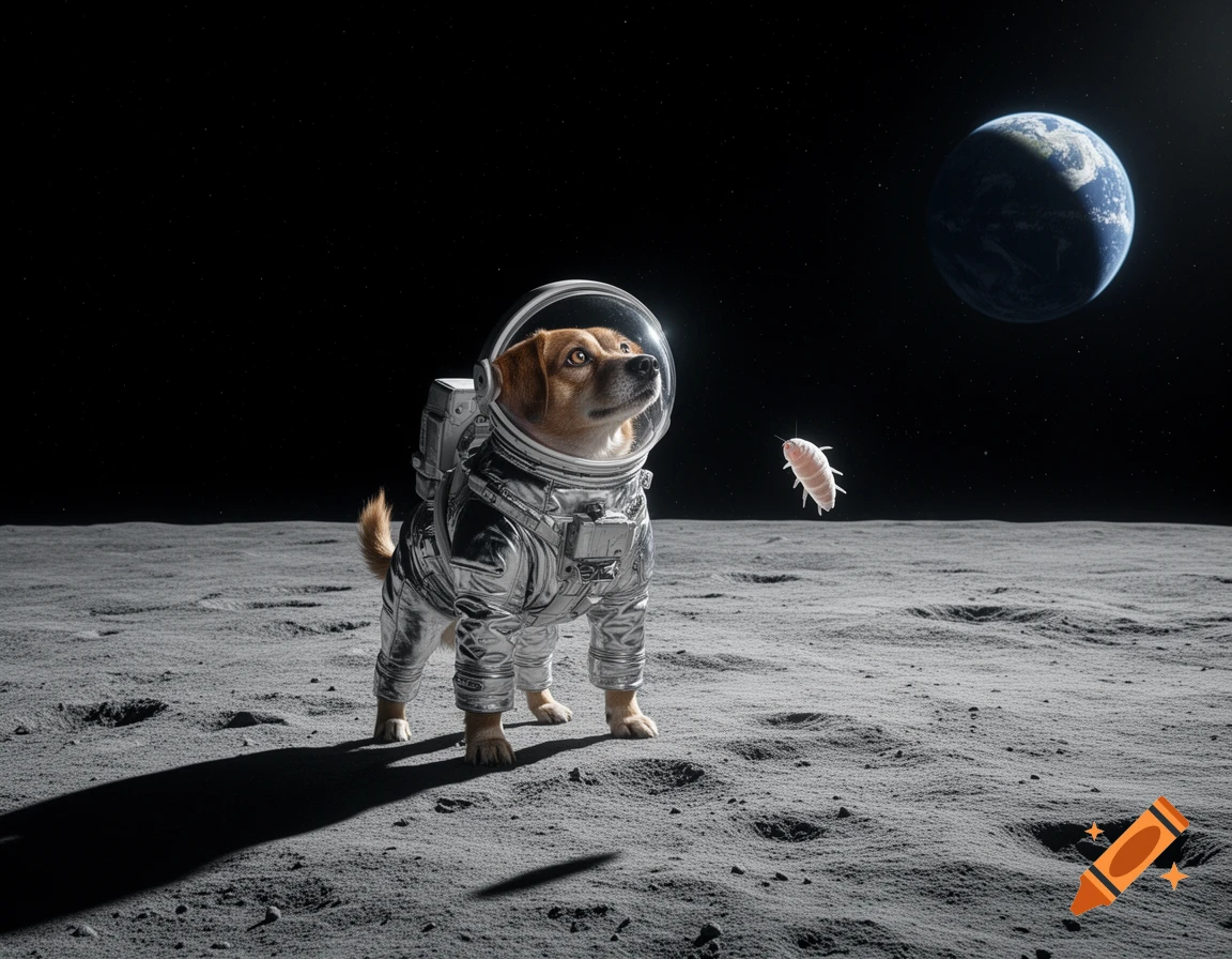 A photorealistic dog in an astronaut suit stands on the moon, looking at a floating tardigrade, with Earth in the distance.