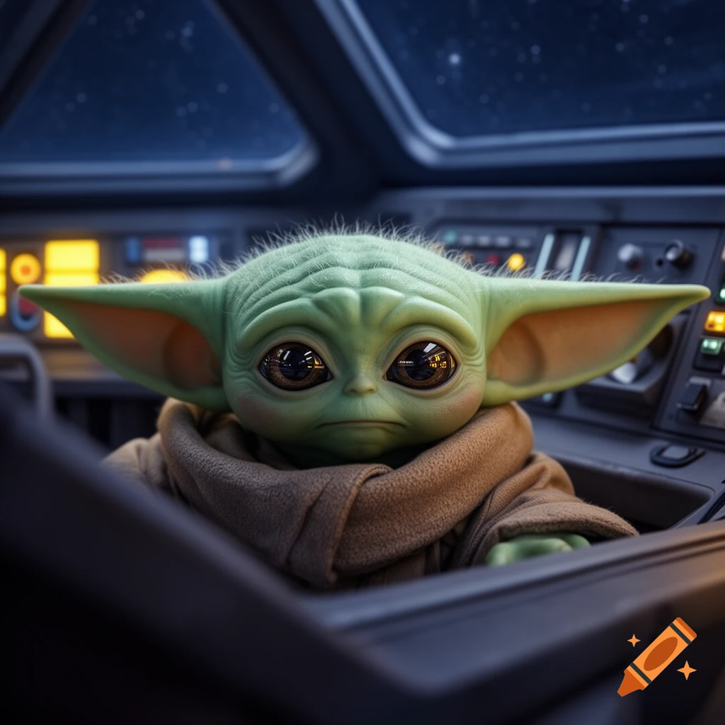 A close-up of Grogu, also known as Baby Yoda, sitting in a spaceship cockpit with a thoughtful expression.