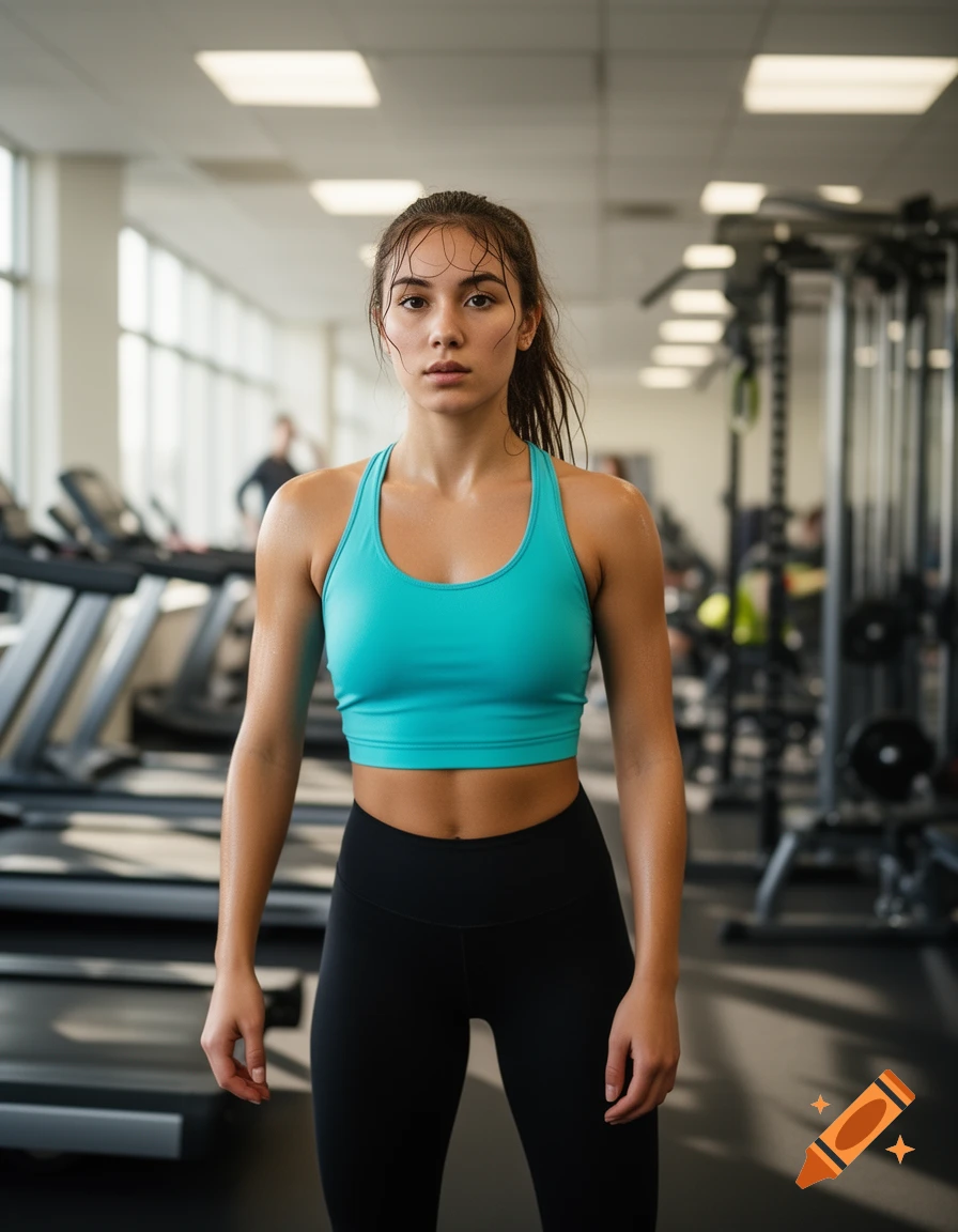 A sweaty woman in a teal sports bra and black leggings stands in a gym, looking directly at the viewer.