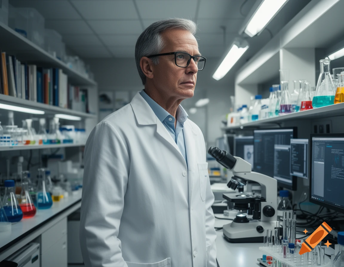A grey-haired male scientist in a white lab coat and glasses looks right in a modern laboratory filled with equipment.