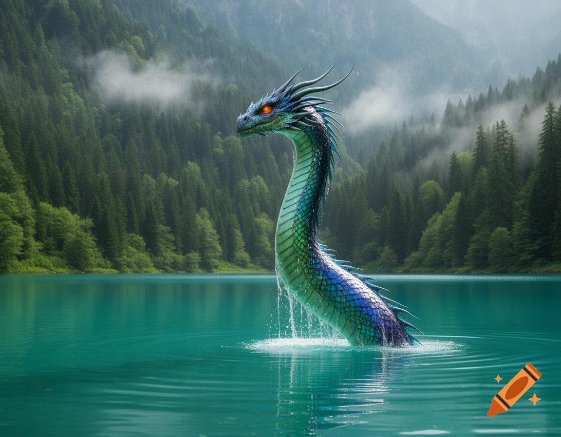 A majestic blue-green water dragon with glowing orange eyes rises from a turquoise lake, with misty forested mountains in the background.