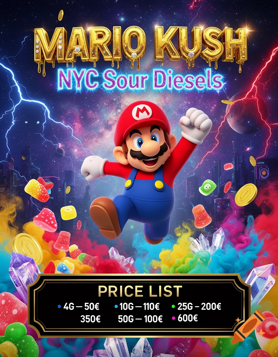 A vibrant, neon-lit poster featuring a jumping Mario character in a space city background with candy, crystals, and a gold-trimmed "PRICE LIST" banner below.