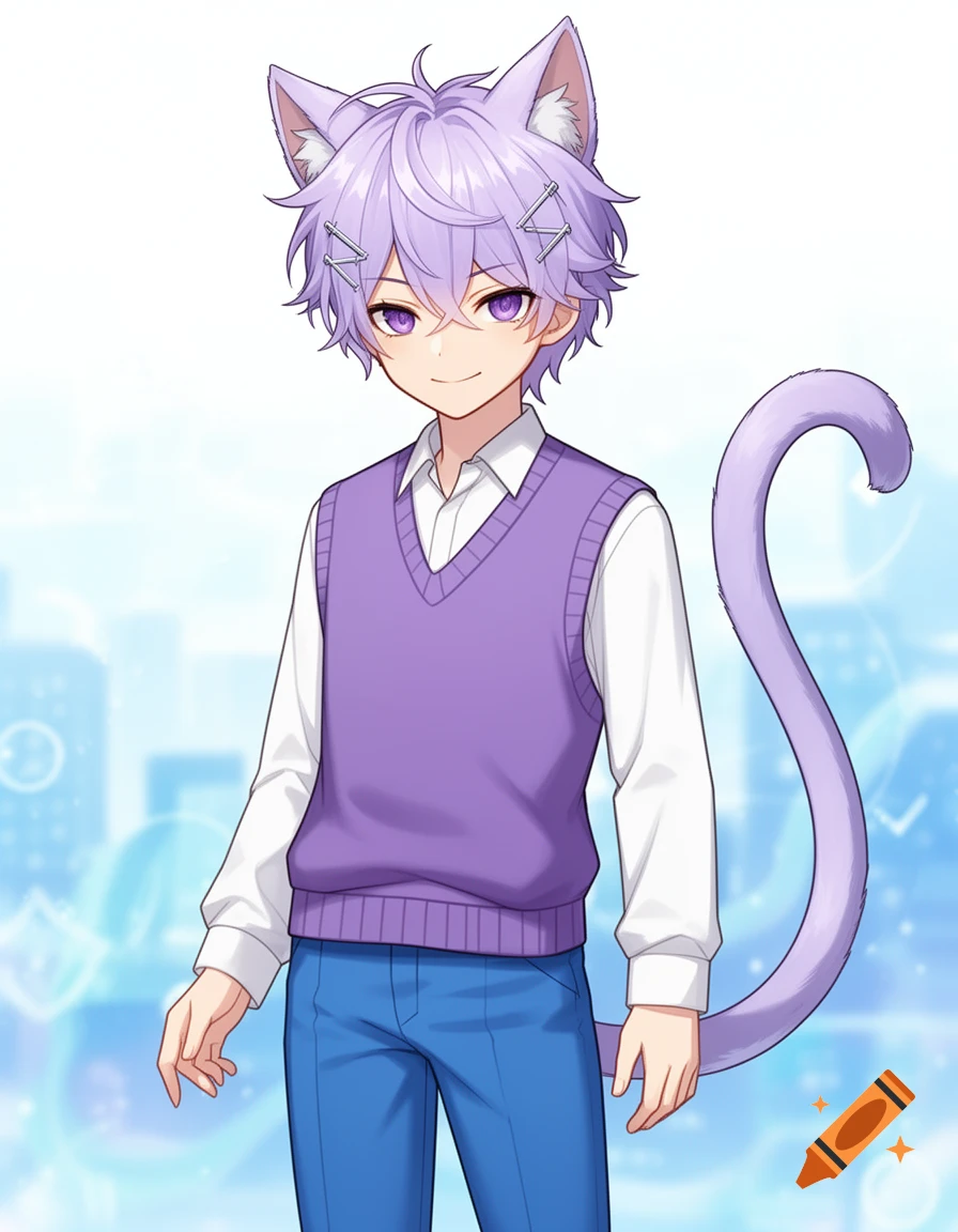 Anime boy with light purple hair, cat ears, and tail, wearing a white shirt, purple vest, and blue pants, standing in a bright, abstract background.