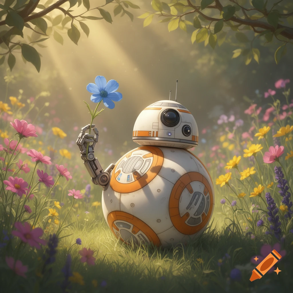 BB-8 droid holds a blue flower in a sunlit meadow filled with colorful wildflowers, under dappled tree branches.