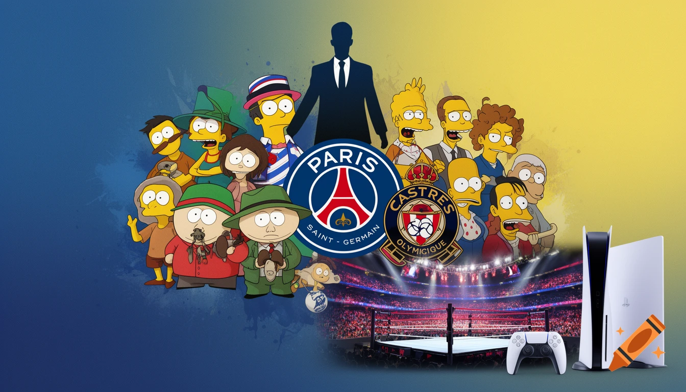 A colorful wallpaper-style collage featuring cartoon characters resembling The Simpsons and South Park, sports logos for Paris Saint-Germain and Castres Olympique, a wrestling ring, a PlayStation console, and a silhouette of a man in a suit.