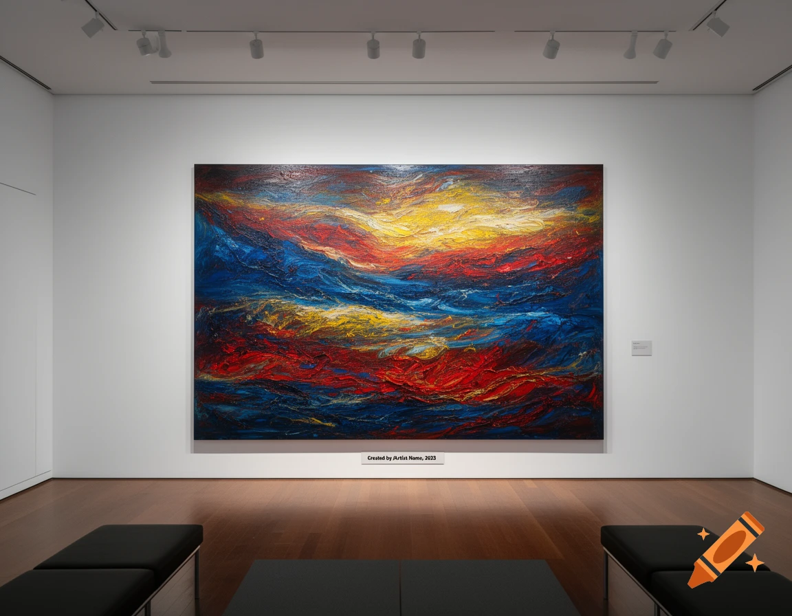 An abstract painting with textured red, blue, and yellow colors hangs in a modern art gallery with white walls and wooden floors.