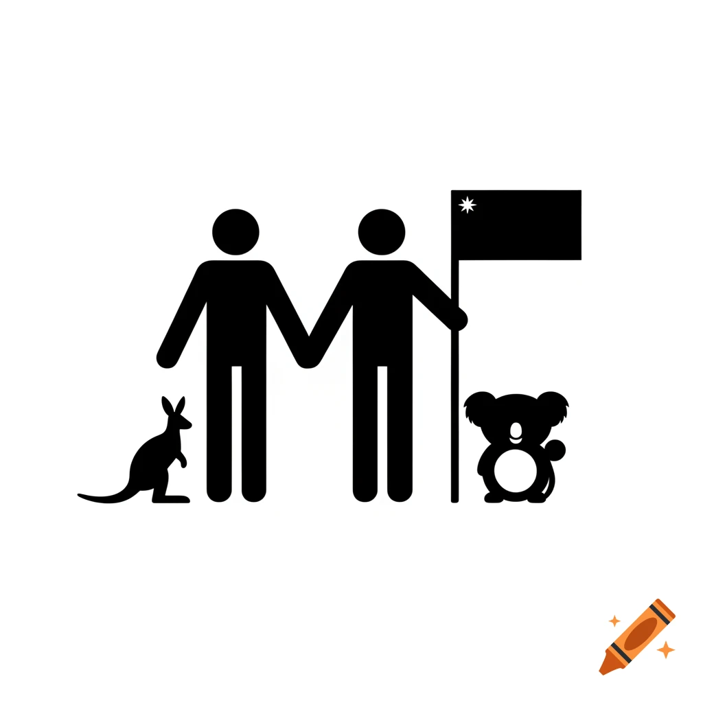 Two black stick figures holding hands, with a kangaroo, a koala, and a flag with a star, all in a minimalist pictogram style.