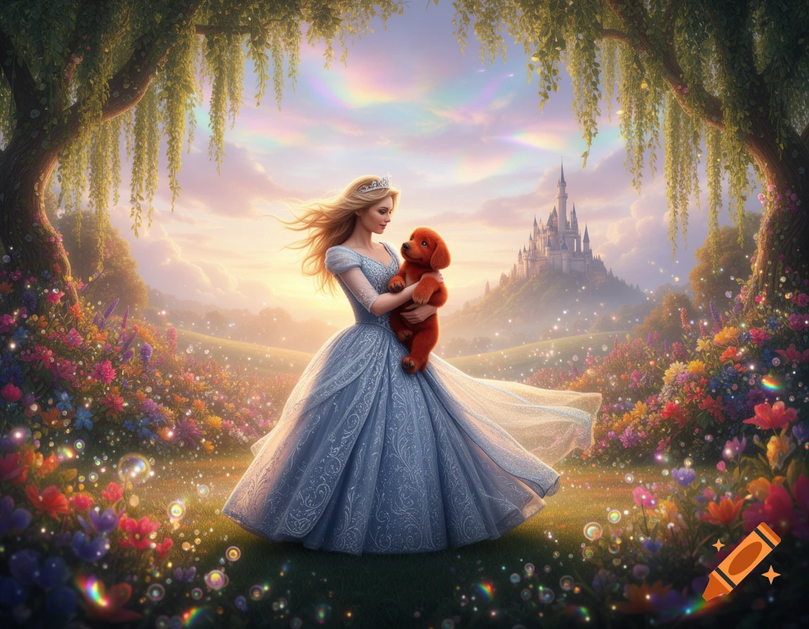 A princess in a blue gown holding a red puppy in a magical, flower-filled landscape with a castle in the background at sunset, in a fantasy art style.