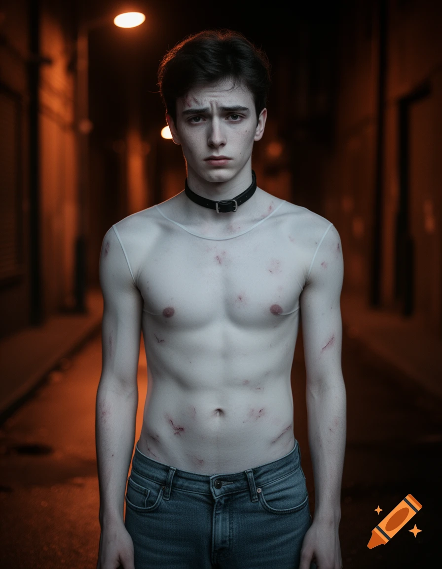 A pale young man with dark hair, wearing a black collar and jeans, stands shirtless in a dimly lit alley, showing minor bruises and looking distressed.