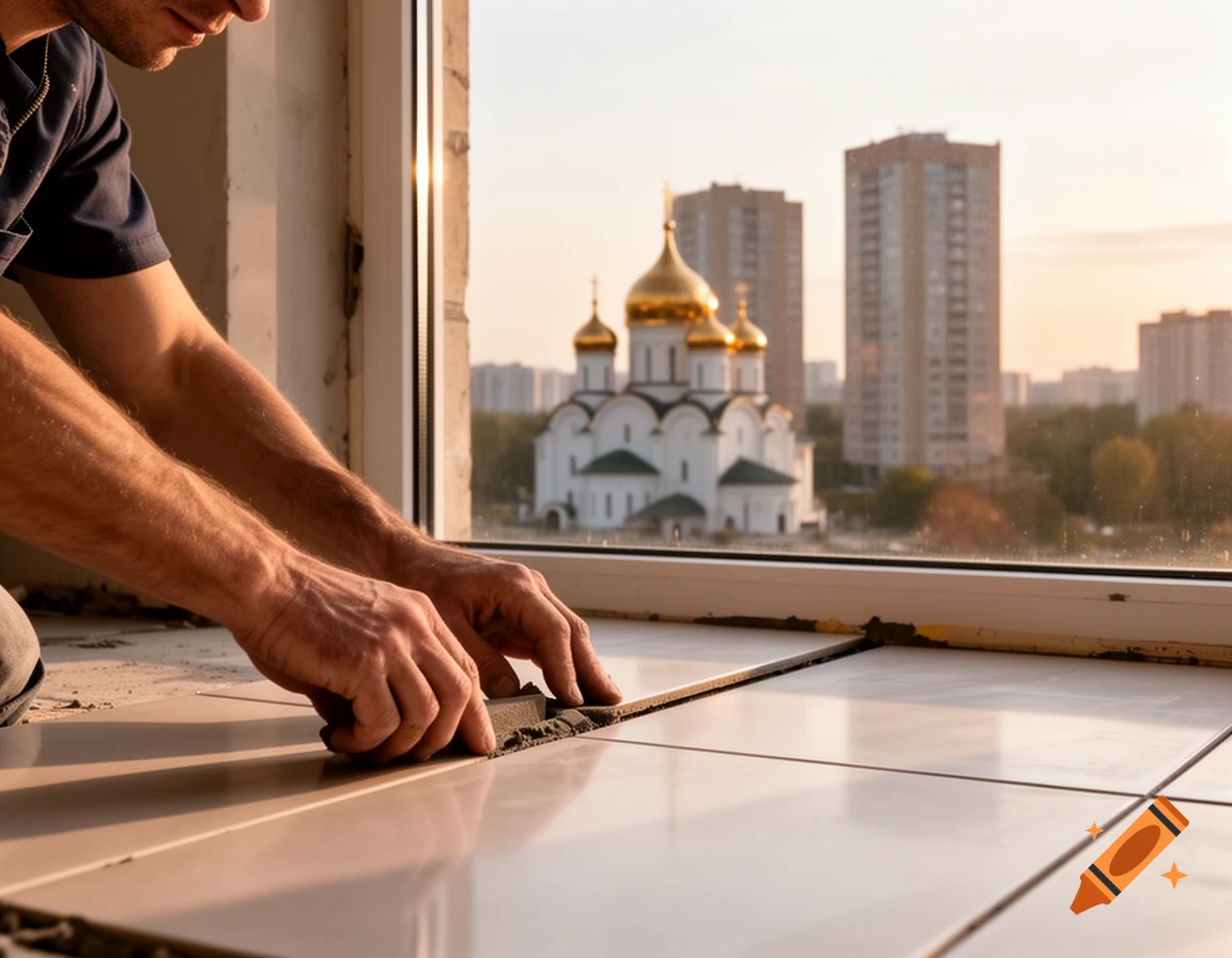 A person's hands grout floor tiles by a window, overlooking a church with golden domes and city buildings under an evening sky.