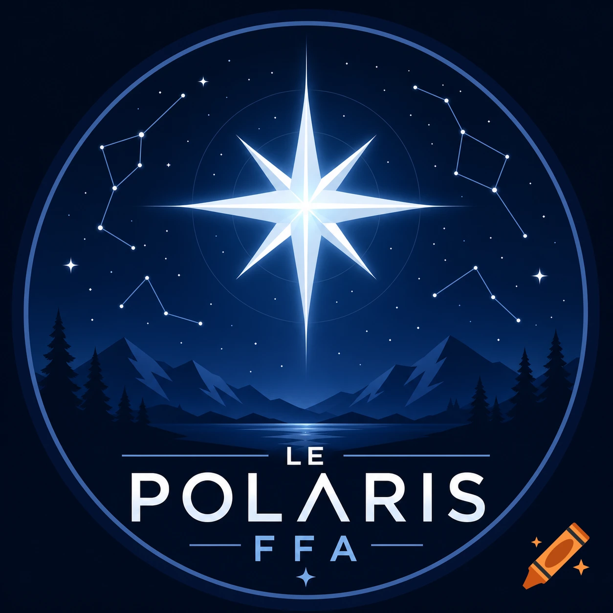 Circular blue logo with a bright star, constellations, mountains, and a lake, with text 'LE POLARIS FFA'.