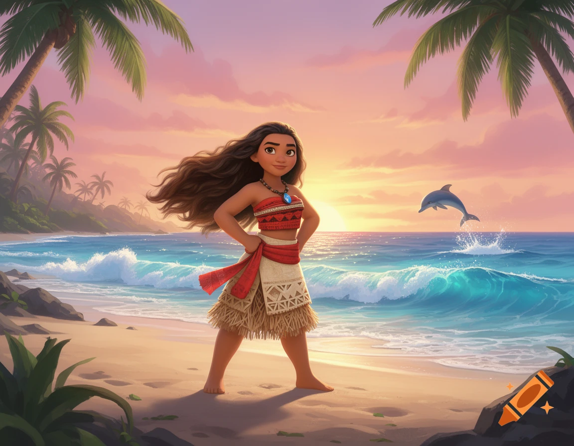 Animated Moana stands on a tropical beach at sunset, with palm trees, ocean waves, and a dolphin jumping.