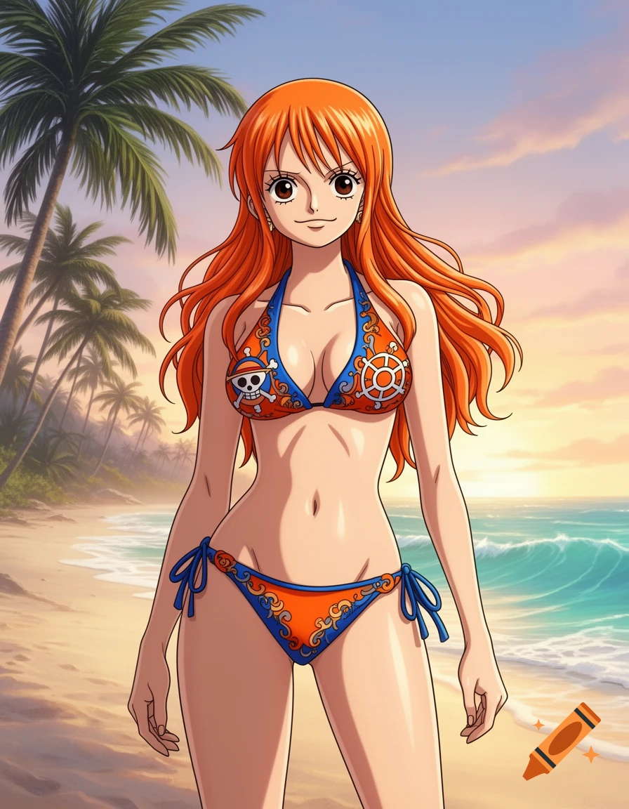 Nami from One Piece in an orange and blue bikini on a tropical beach at sunset.