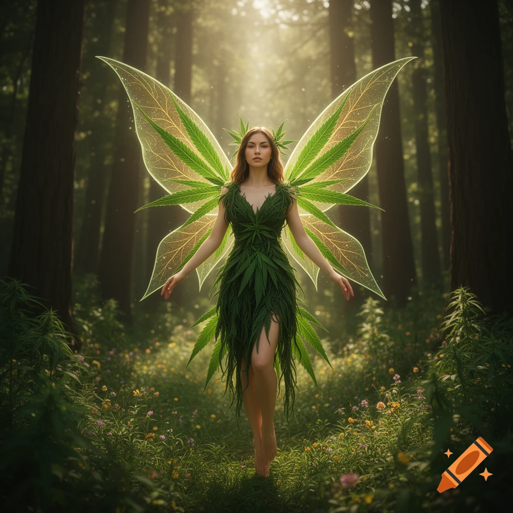 Photorealistic cannabis fairy with leaf wings and dress, standing barefoot in a sunlit forest.