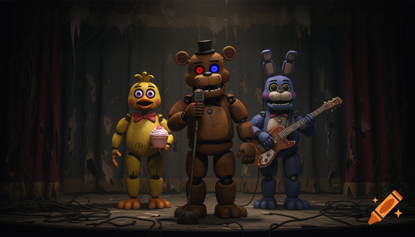 FNaF animatronics Freddy, Chica, and Bonnie on a dark, rundown stage. Freddy has a red and blue eye, Chica holds a cupcake, and Bonnie plays a guitar.