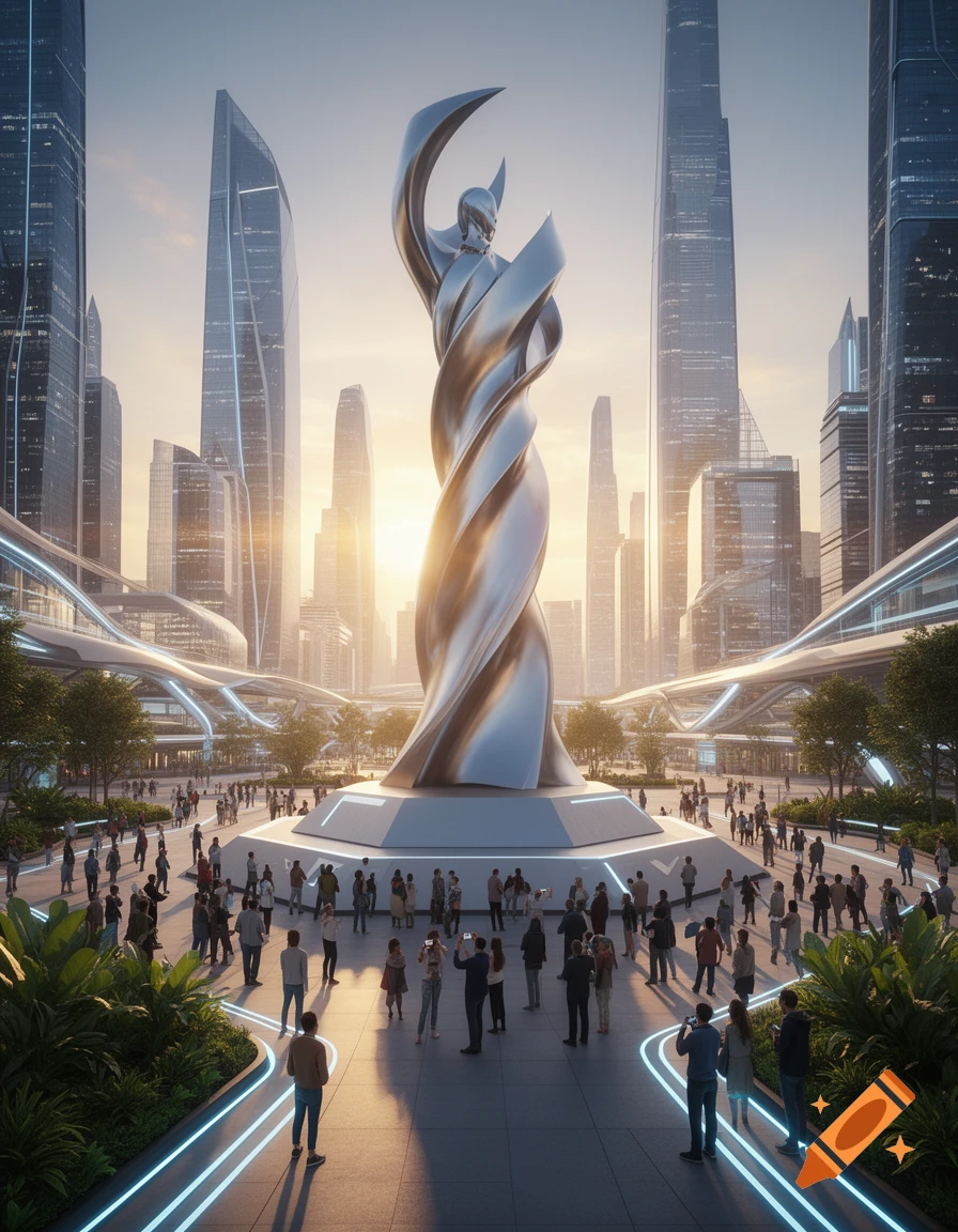 A large, twisting metallic statue stands prominently in a futuristic city square with people, modern skyscrapers, and glowing blue pathways.