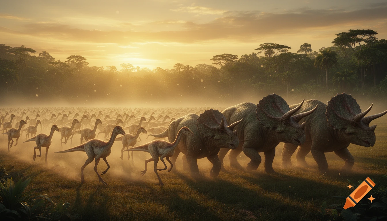 A photorealistic herd of Triceratops and bird-like dinosaurs moving through a misty, sunlit jungle landscape at dawn.