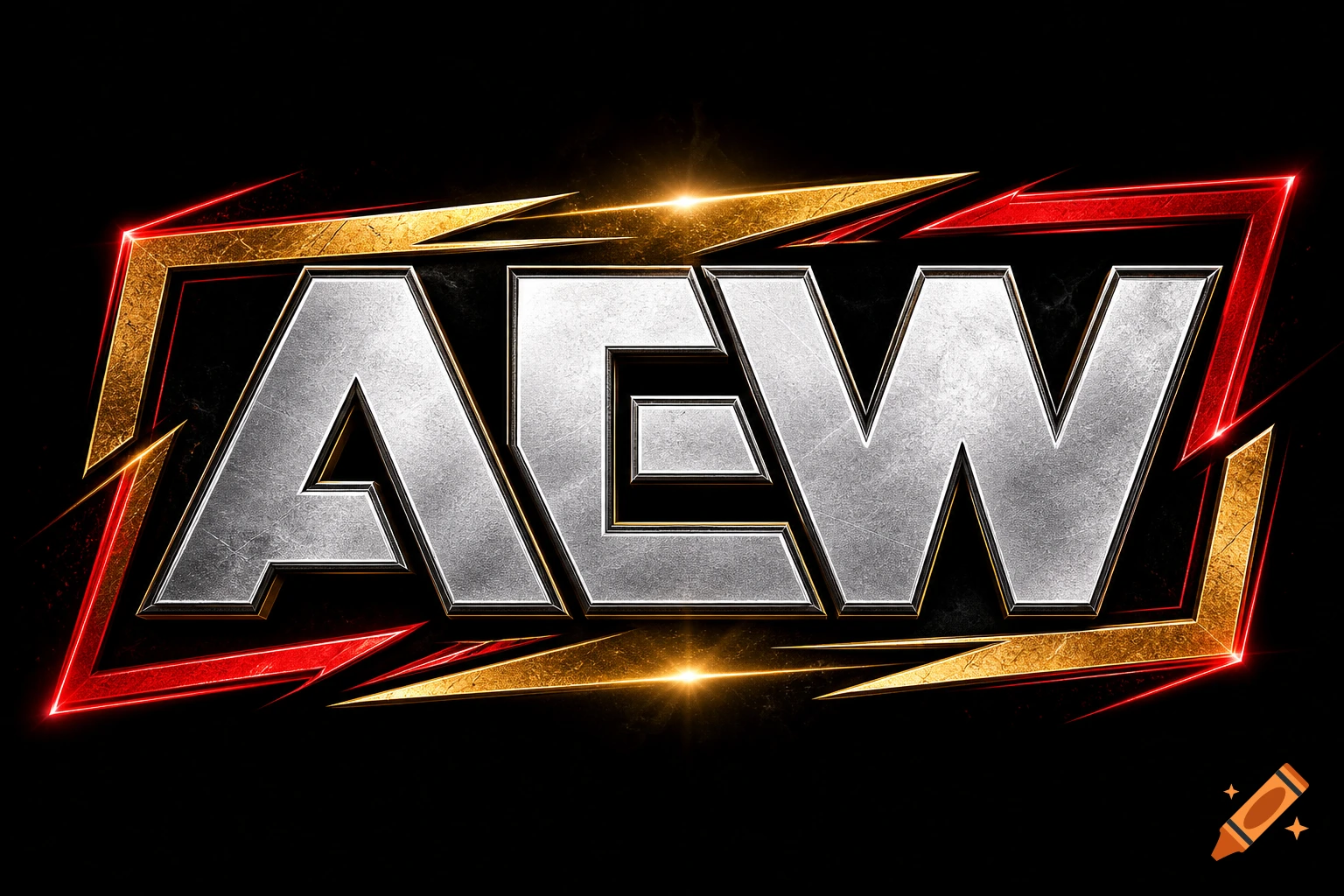 Metallic AEW logo with red and gold accents against a black background.