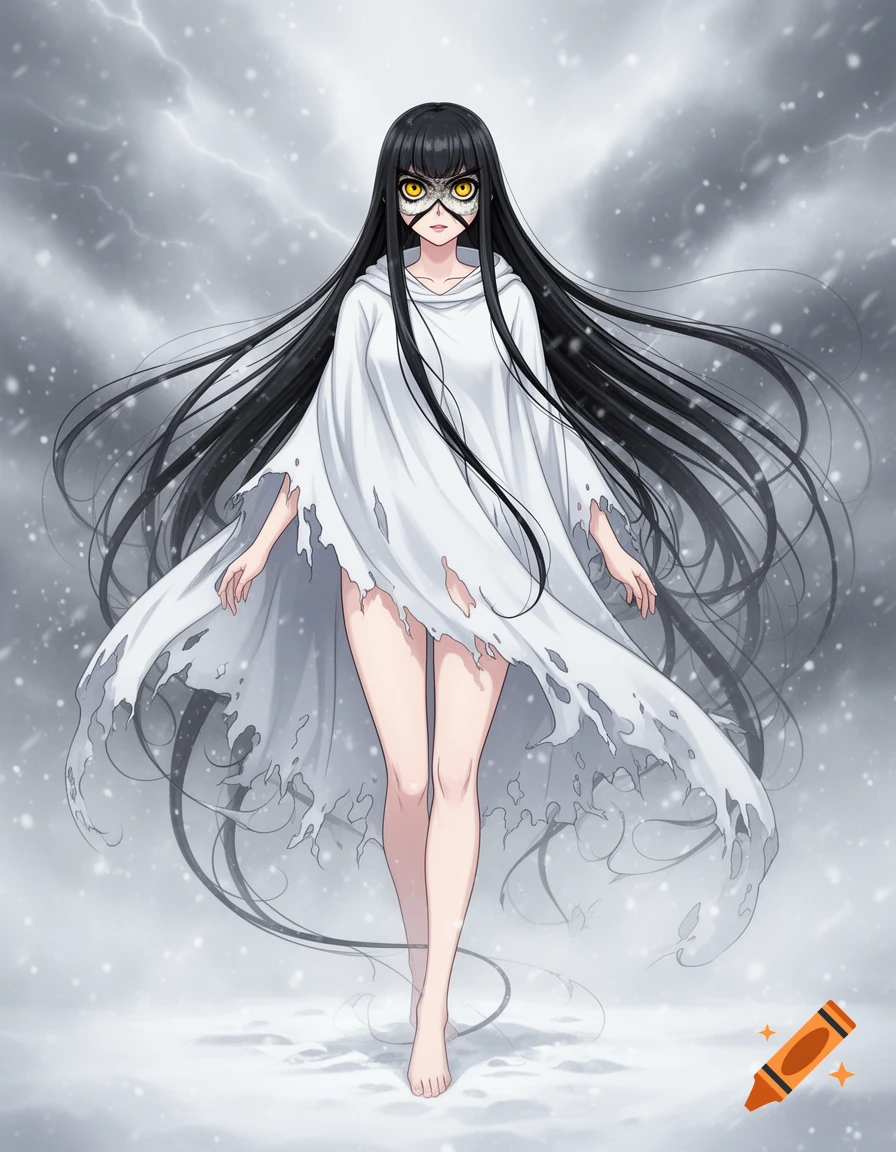 A 2D cell-shaded anime ghost woman with long black hair, owl-like yellow eyes, and a white tattered poncho stands barefoot in a snowy storm with lightning.