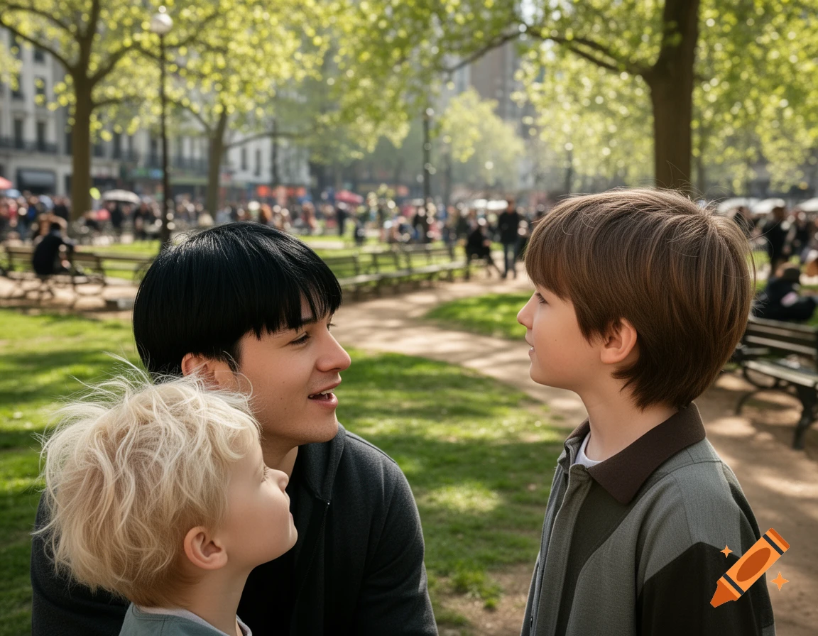 A man with black hair talks to a blonde child and a brown-haired child in a sunny park.