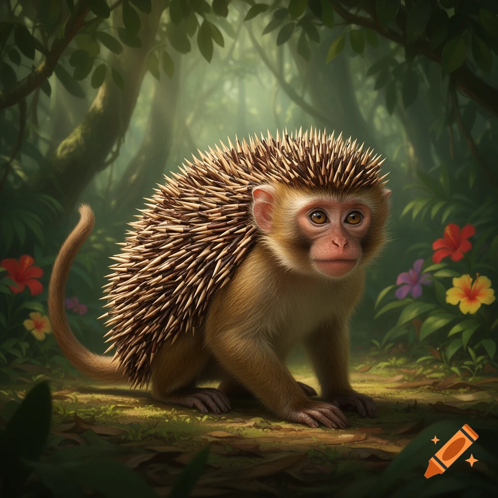A brown monkey with hedgehog quills on its back sits in a tropical jungle with colorful flowers.