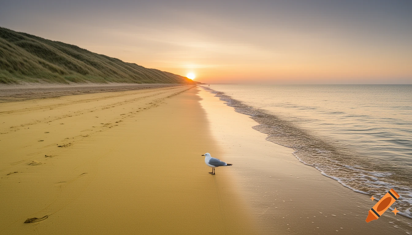 A serene beach at sunrise, featuring sand dunes with tall grass, a wide sandy shore with footprints, gentle waves, and a seagull standing at the water's edge.