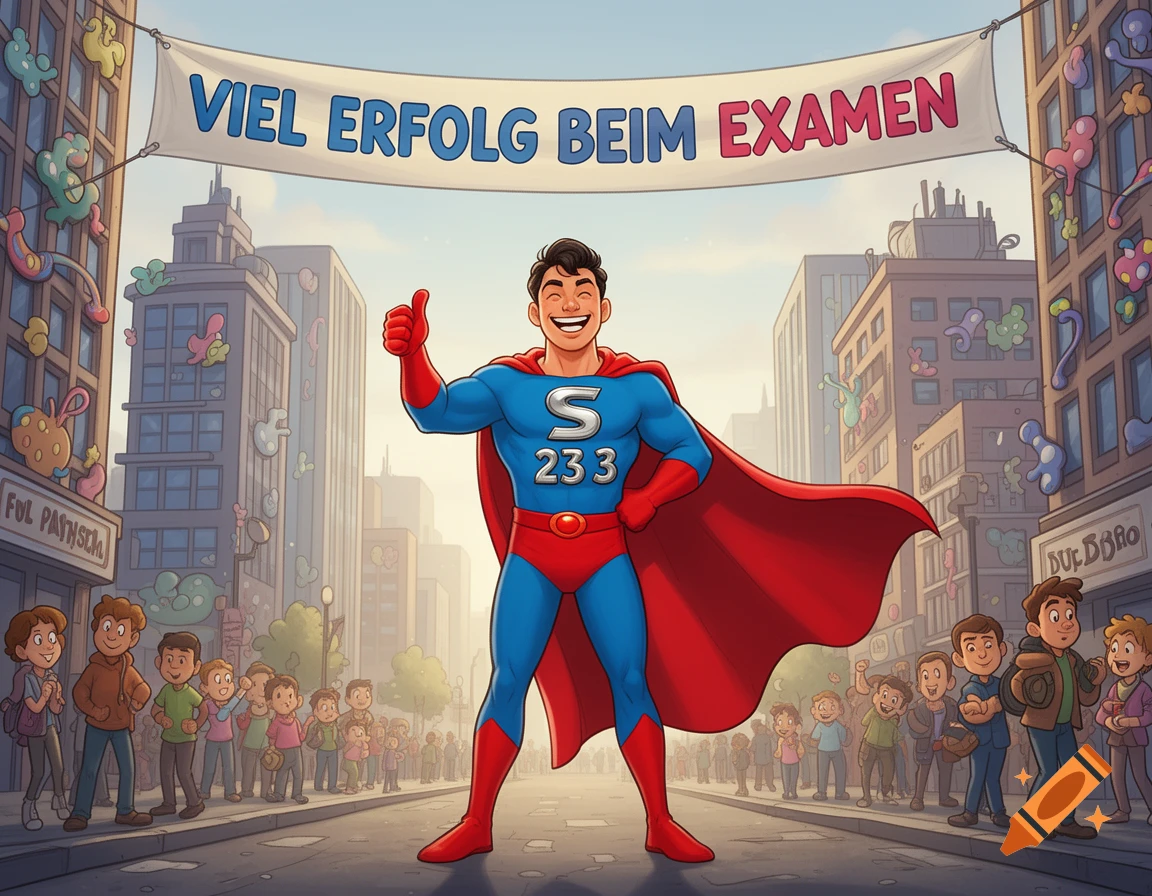 A cartoon superhero with 'S 233' on his chest gives a thumbs up on a city street, under a banner reading 'VIEL ERFOLG BEIM EXAMEN', with a crowd of students cheering.