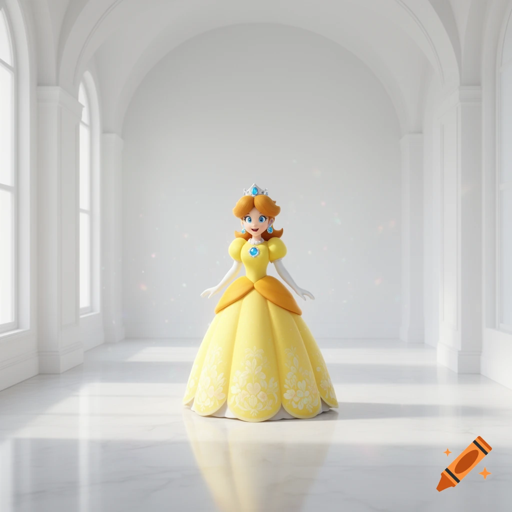Princess Daisy in a yellow dress and crown stands in a bright, white, elegant hall with arched windows.