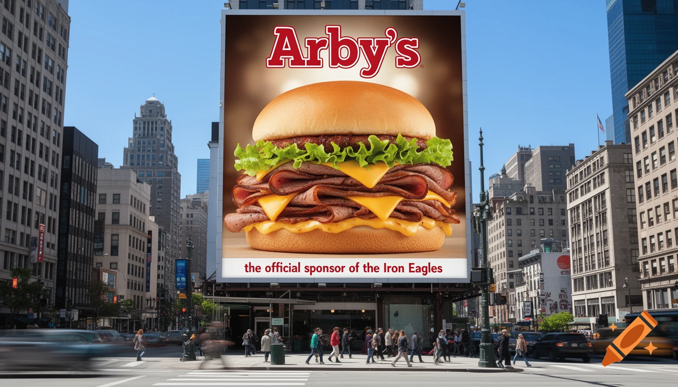 Photorealistic view of a busy city street with a large Arby's billboard featuring a roast beef sandwich.