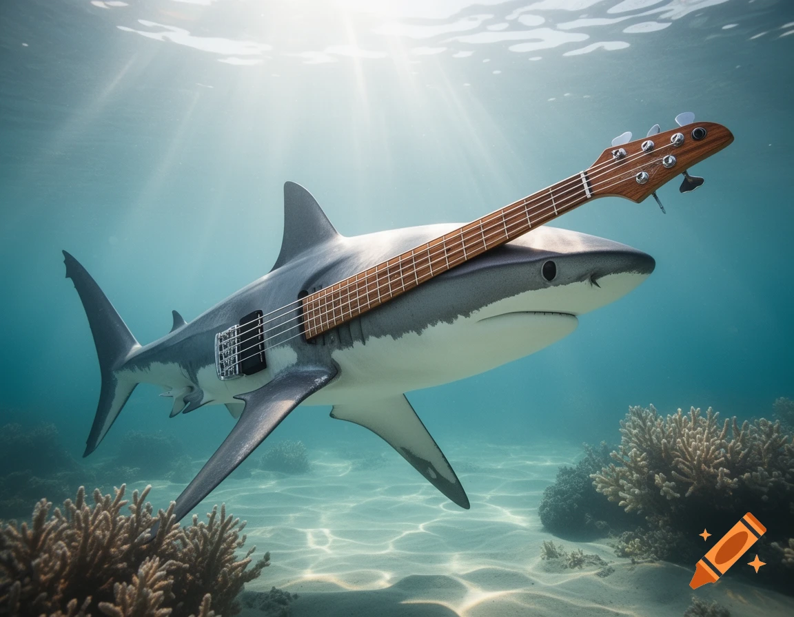 Photorealistic image of a great white shark merged with a four-string bass guitar, swimming underwater above coral and sand.
