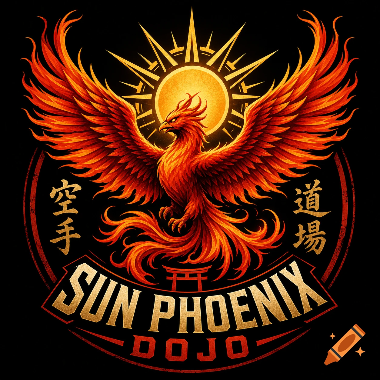 A vibrant red and orange phoenix logo with spread wings in front of a golden sun, featuring the text 'SUN PHOENIX DOJO' and Japanese characters.