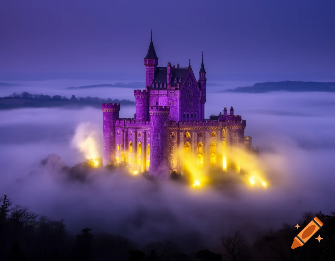A vibrant purple castle with glowing yellow lights rises from dense fog against a twilight sky.