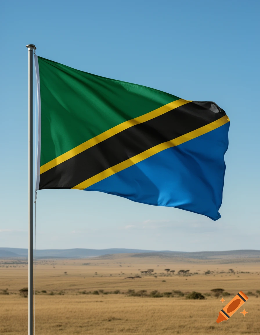 The flag of Tanzania with green, black, and blue stripes separated by yellow diagonals, flies against a clear blue sky over a sunlit savanna.