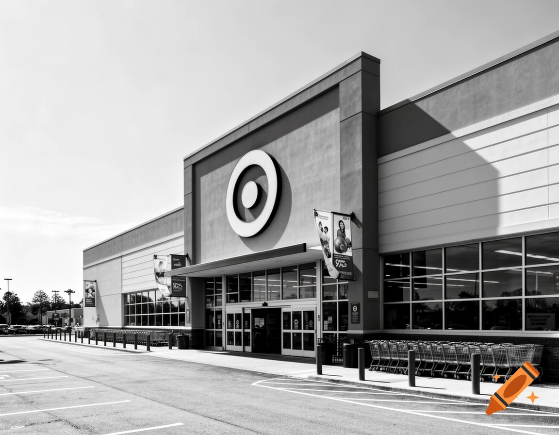 A black and white photograph of an American Target store exterior, featuring the bullseye logo and shopping carts.