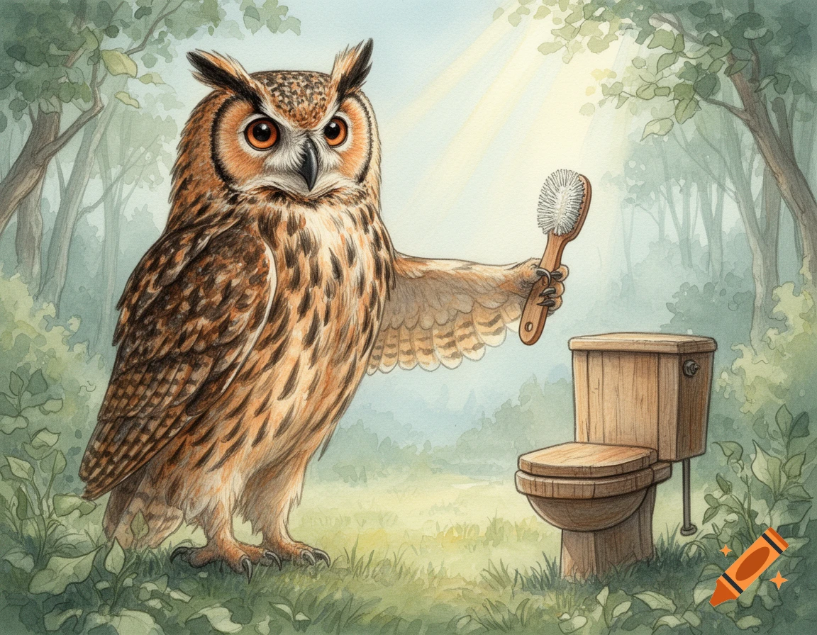 A watercolor illustration of a serious owl holding a toilet brush next to a wooden toilet in a forest.
