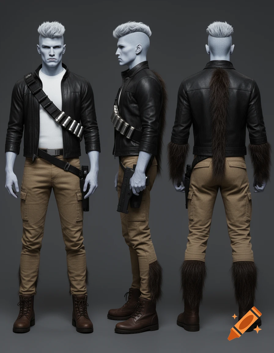 Photorealistic concept sheet of a male Star Wars alien with pale blue skin, silver hair, dark fur, black leather jacket, khaki cargo pants, bandolier, and pistol, shown in front, side, and back views.