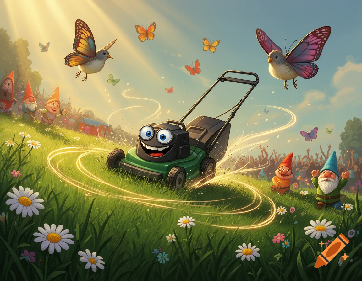 A cheerful cartoon lawnmower with a smiling face mows a sunny, vibrant field with daisies, butterflies, birds, and whimsical gnomes.