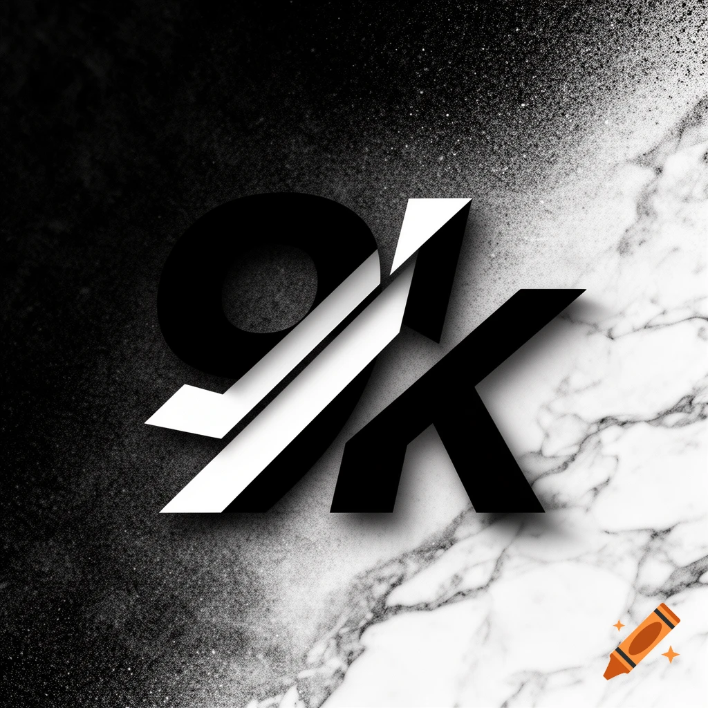 A black and white logo featuring a stylized '9K' with sharp, geometric lines, set against a background split between speckled black and white marble textures.