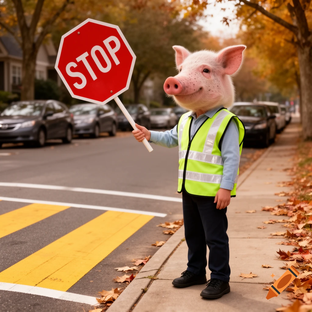 A photorealistic pig-headed crossing guard in a safety vest holds a stop sign by a crosswalk on an autumn street.