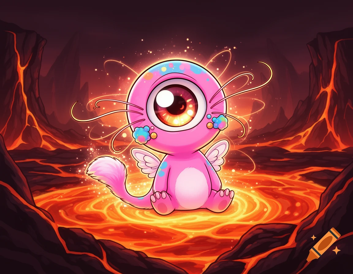 Cute pink one-eyed chibi alien with wings and fluffy tail glowing in a fiery lava landscape.