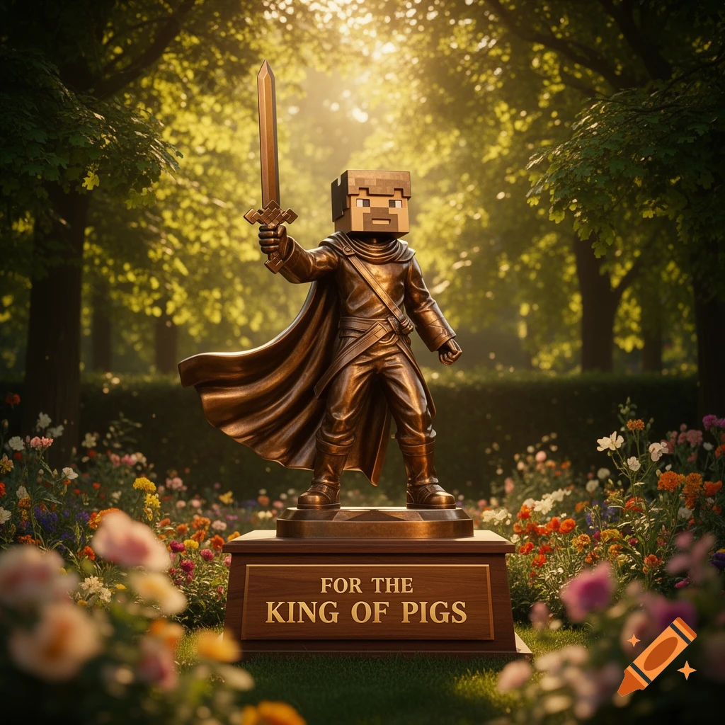 A photorealistic bronze statue of a Minecraft-style character with a blocky head, holding a sword high, in a sunlit park with colorful flowers. The base reads "FOR THE KING OF PIGS".