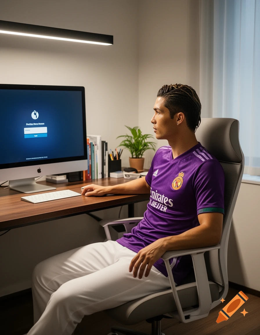 A man resembling Cristiano Ronaldo, wearing a purple Real Madrid soccer jersey and white pants, sits in an office chair looking at a computer screen displaying a login page.