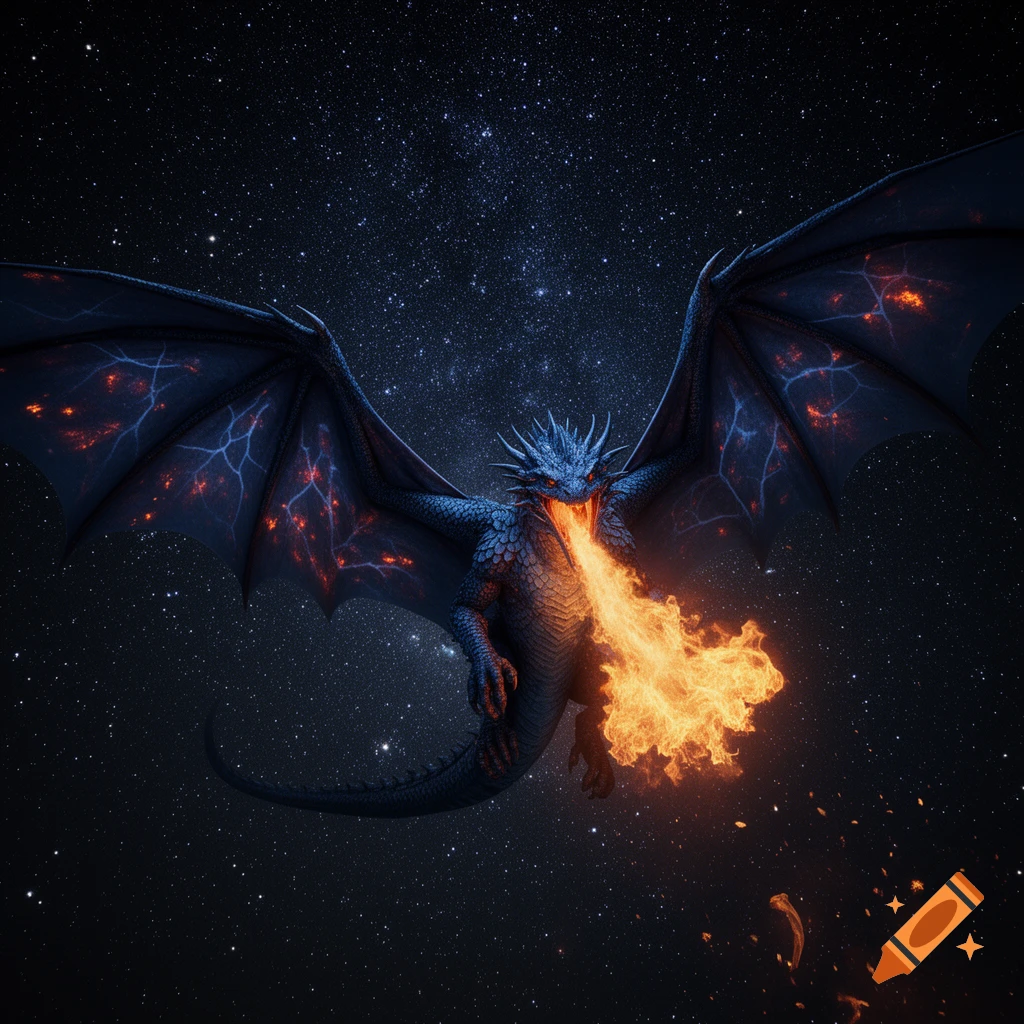 A dark blue dragon with glowing red eyes and intricate wings spreads its wings, breathing fire against a detailed, star-filled night sky.