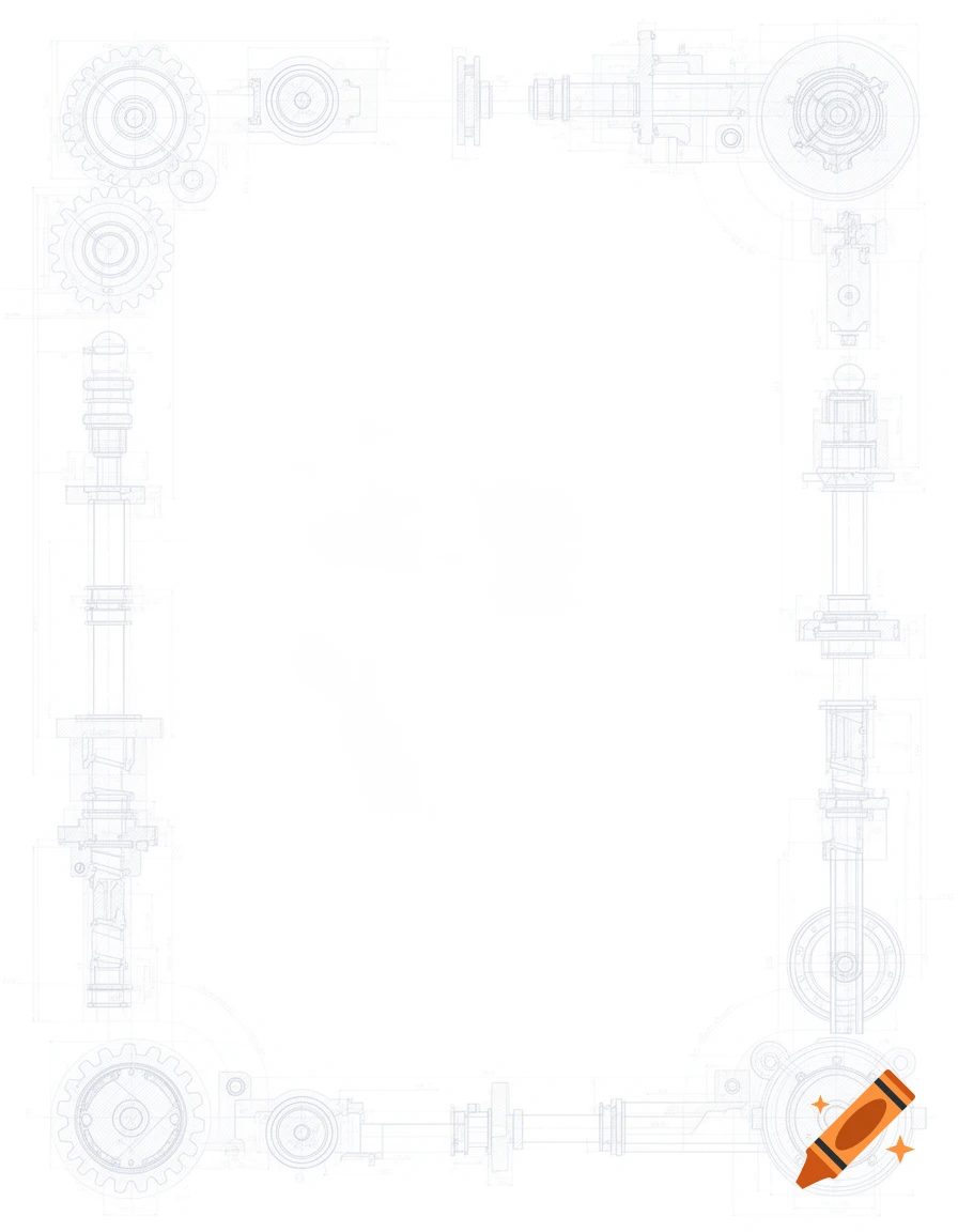 A minimalist white background with very faint light blue and gray technical blueprint drawings of gears and machine parts forming a border.