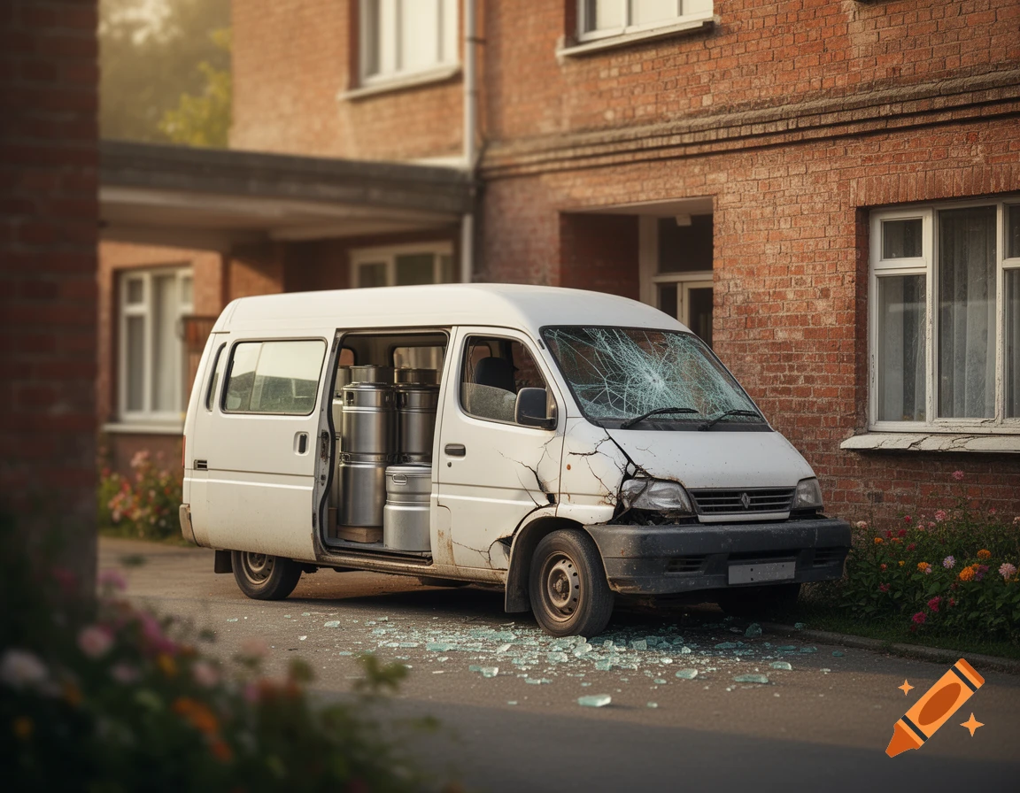 A white delivery van with a shattered windshield and damaged front, parked askew in front of an old brick building with its side door open, showing food containers inside.
