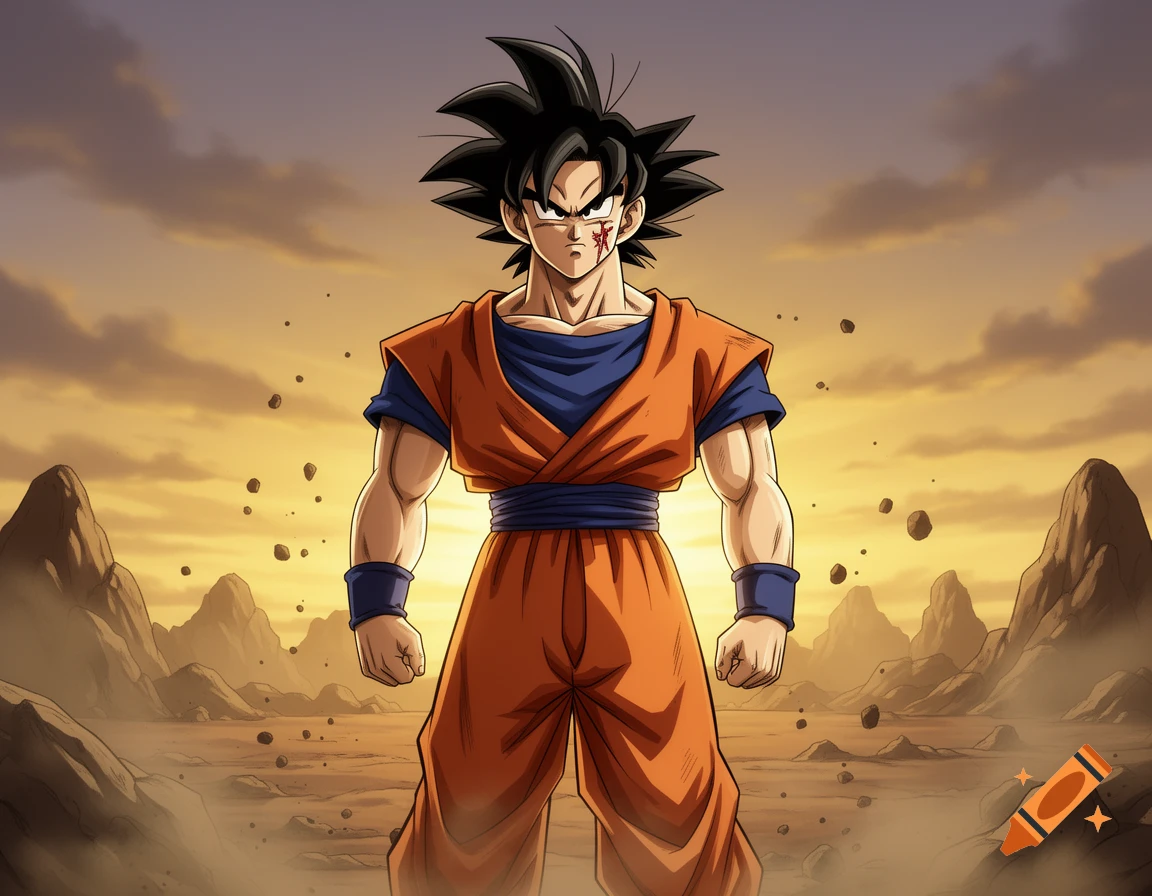 A powerful anime warrior, resembling Goku, with spiky black hair and a scar on his cheek, stands in a rocky desert under a dramatic sky.